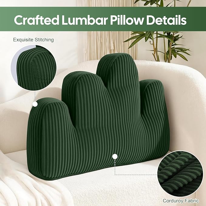 Lumbar Support Pillow for Recliner, Back Support Pillow for Office Chair, Ergonomic Corduroy Lumbar Pillow with Shredded Foam, Lower Back Pain Relief for Gaming Chair, Couch, Green