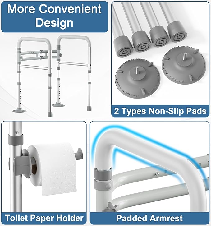 Toilet Safety Rails for Seniors (350 LBS), Adjustable Toilet Safety Frame for Elderly and Disabled, Foldable Handicap Toilet Assistance Rail Fits Most Toilets, White