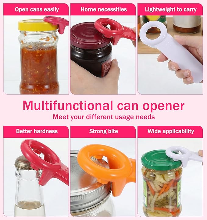3PCS Jar Key Lid Opener, 5.51-Inch Jar Key for Seniors & Arthritis, Plastic Can Opener, Church Key Design for Sealed Lids (Rose Red, White and Orange)