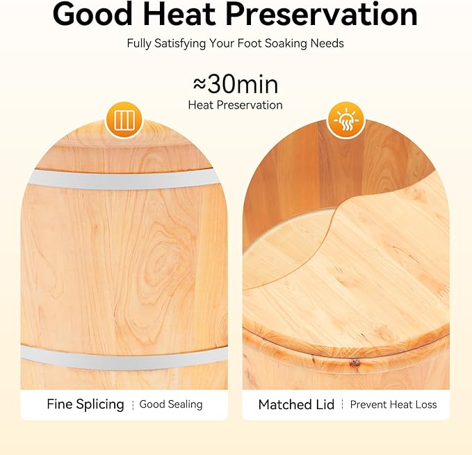 16" Wood Foot Bath Bucket with Massage Roller & Lid, Thickened Spa Soaking Tub for Relaxation, Washing and Sauna, Wooden Foot Soaking Tub with Heat Retention