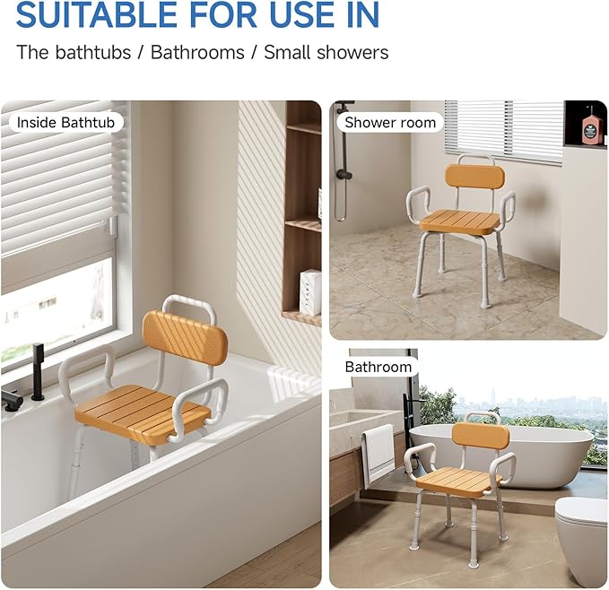 Loyoda 360° Swivel Shower Chair with Removable Arms, Adjustable Height Rotating Shower Stool for Inside Shower for Seniors and Disabled，Swivel Bath Chair for Inside Tub，Brown