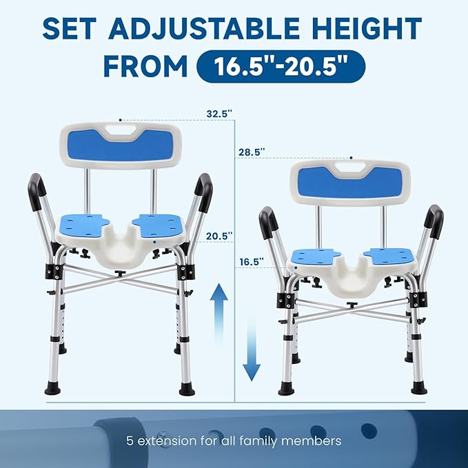 U-Shaped Shower Chair for Inside Shower, 600lbs Heavy Duty Shower Chair for Elderly and Disabled, Shower Chair with Arms and Back, Height Adjustable Bath Chairs for Seniors