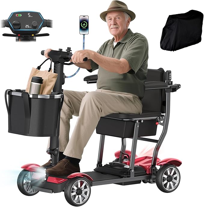 Mobility Scooter for Adults, 4 Wheels Mobility Scooter with LCD Display, 350LBS Capacity & Lithium Battery, Airline Approved, 38LBS Motorized Mobility Scooter for Seniors (Red, 15 MI-211)