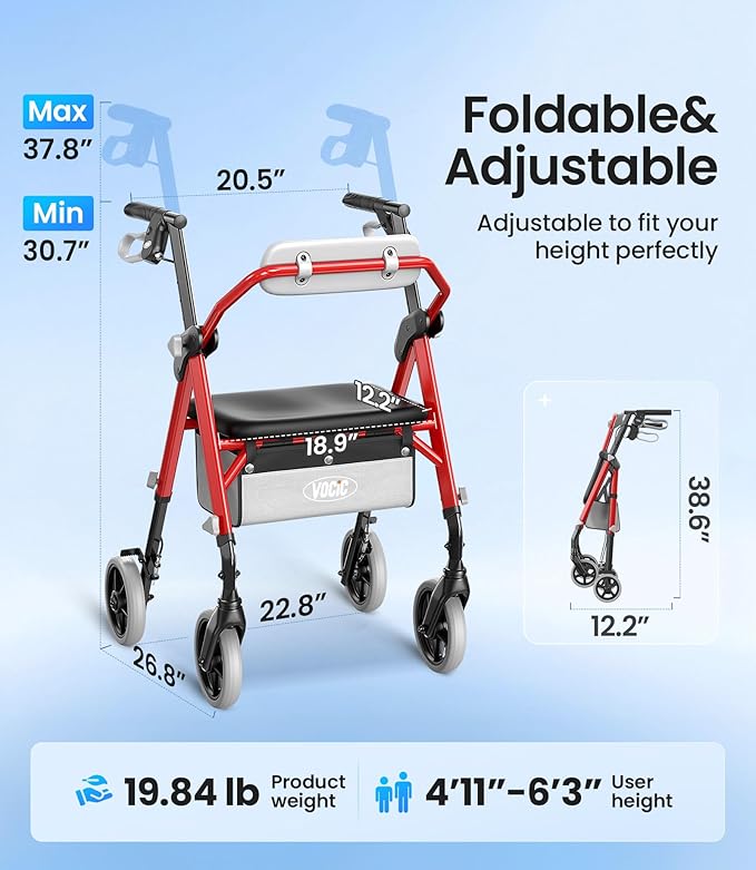 VOVCIC Walkers for Seniors, Z11 Rollator Walker with Seat, Max 380 lbs, Avant Walkers with Ergo Seat & Backrest, Foldable Rollator Adjustable Height, All Terrain Walker, Lightweight