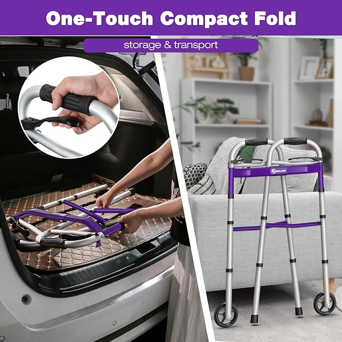 Whlicks Narrow Folding Walkers for Seniors,Aluminum Lightweight Walkers with Wheels, Adjustable Width and Height Front Wheel Walker for Elderly and Disabled, Supports up to 350 lbs
