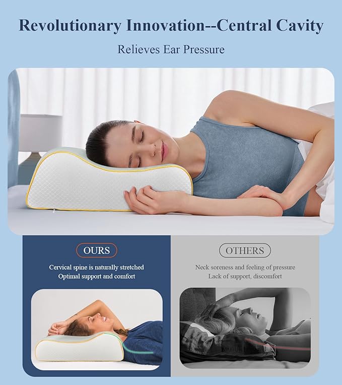 Memory Foam Contour Pillow for Neck Pain Relief/Support, Cooling Cervical Neck Pillow for Side Sleeper/Sleeping, Ergonomic Sleep Apnea Orthopedic Anti Snore TherapeuticPillows for Back Sleepers