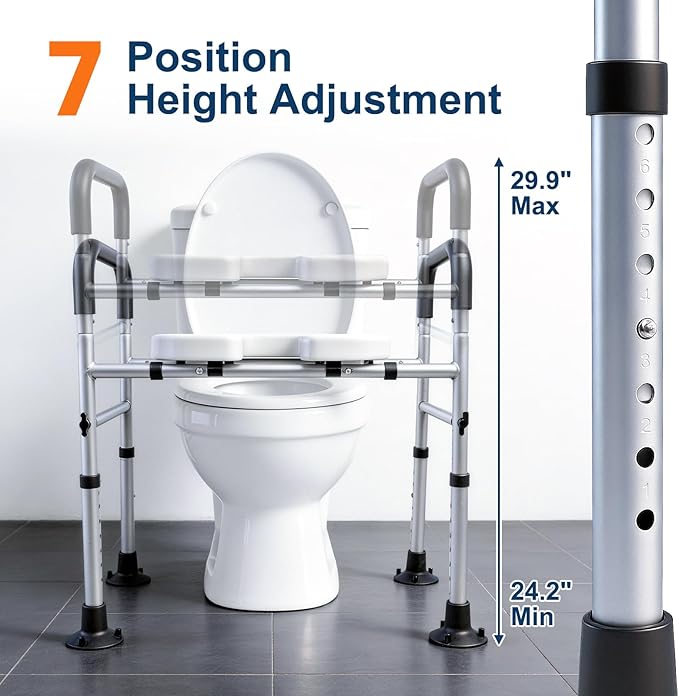 Adjustable Raised Toilet Seat with Handles for Seniors, 400lbs Capacity Elongated Toilet Seat Riser, Elevated Toilet Seat with Soft Cushion & Removable Armrests