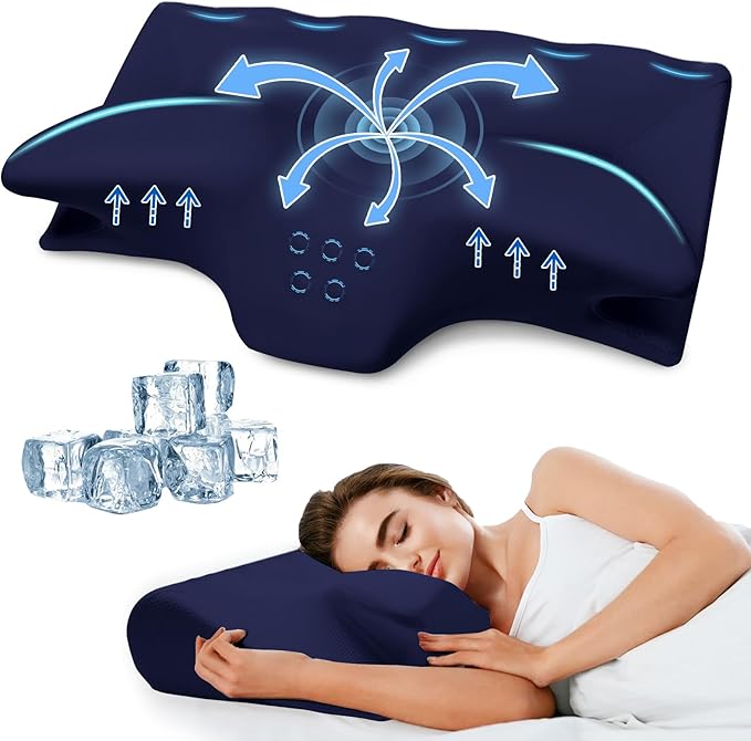 Cervical Pillow for Neck Pain Relief, Cooling Contour Memory Foam Pillows Support Odorless Ergonomic Neck Pillow Adjustable Orthopedic Bed Pillow for Side Back Stomach Sleeper,Modern Navy