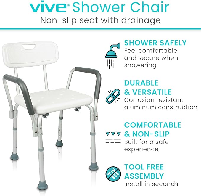 Vive Shower Chair with Arms & Back - Small, Narrow, Medical, Universal Bath Tub Transfer Bench - Safe Adjustable Handicap Stool for Inside Bathtub, Bathroom - Rotating Safety Sliding