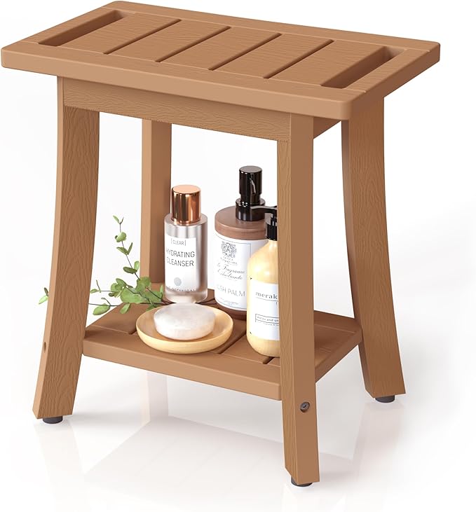 Waterproof Shower Benches for Inside Shower, Poly Lumber Shower Stool with Storage Shelf & Adjustable Feet, SPA Bathroom Seat Chair for Shaving Legs, Indoor or Outdoor Use, Teak Brown