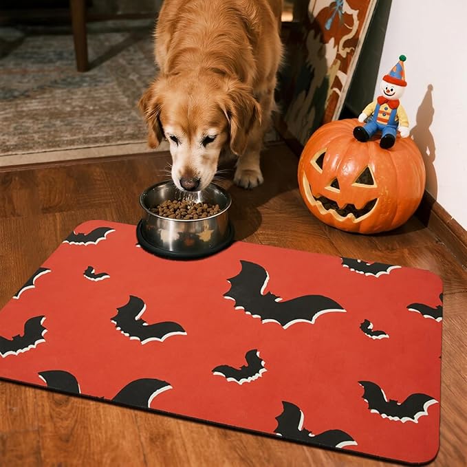 TYUU Halloween Bath Mat, Thin Halloween Bathroom Rug Non Slip Quick Dry Bat Bath Mat Fits Under Door Thin Floor Mat Halloween Decor, 17''x30'', Gothic Bats Orange