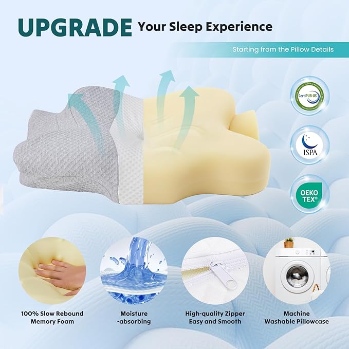 DUMOS Cervical Neck Pillow for Sleeping, Cooling Ergonomic Memory Foam Pillow with Arm Rest Slot and Ice Silk Pillowcase, Dual Height Orthopedic Support Contour for Side, Back, Stomach Sleepers
