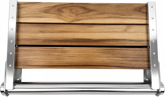 Teak Shower Seat Bench with Back - Wall Mounted Fold Up Shower Seat, Waterproof Folding Teak Bath Chair for Seniors, 304 Stainless Steel Frame, with 300 lbs Capacity - 24" Length, Polished