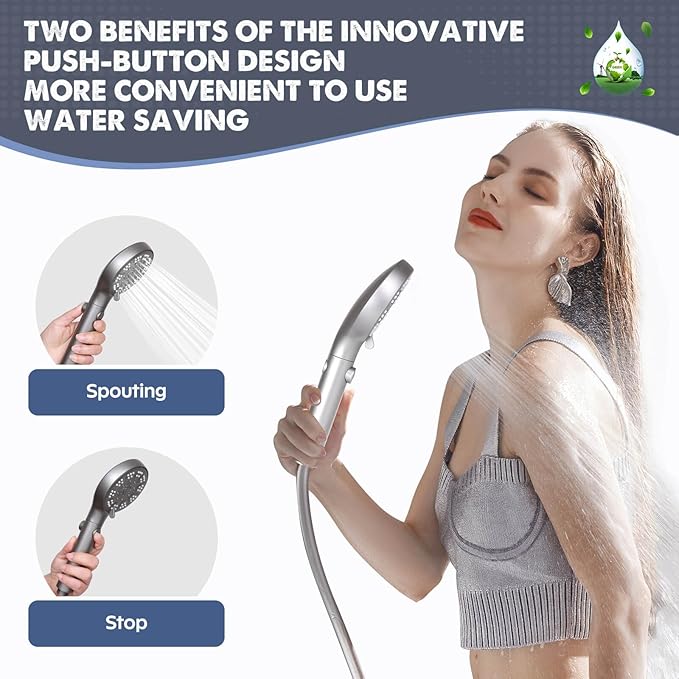 Shower Head with Handheld, High Pressure 5 Modes Water Saving Handheld Shower Head, One Button Water Stop, with 6-inch Extra Long Stainless Steel Hose and Adjustable Mounting Holder, Silver