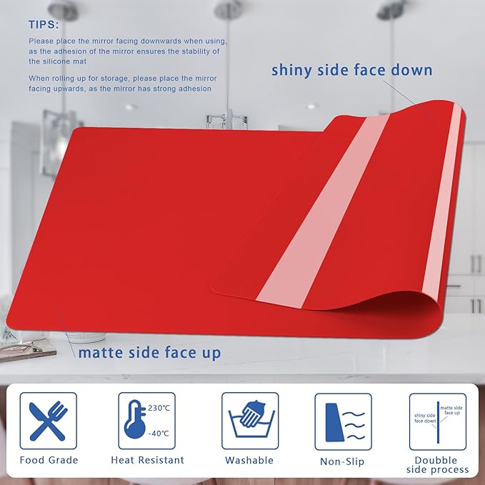 Silicone mats, Food-Grade Non-Slip Heat Resistant Mat Silicone Baking Mat 2MM Thick Pastry Mat,Countertop Protector Mat Hot Pad for Coffee Maker, Air Fryer, Toaster (Red)