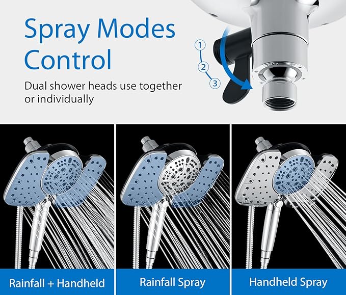 INAVAMZ 2-in-1 Shower Heads with Handheld Spray Combo: 10” Rainfall Shower Head & Hand Held Shower Head, 9 Spray Settings Detachable Shower Head with ON/OFF Switch and 15-Stage Filter