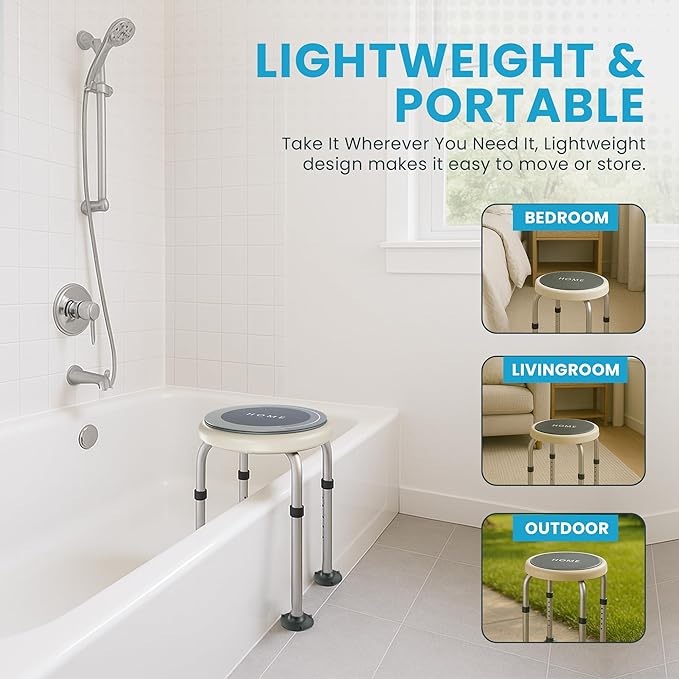 Swivel Shower Stool for Inside Shower – 360° Rotating Bath Chair for Seniors, Adults & Elderly, Adjustable Height Shower Seat with Non-Slip Feet, Aluminum Frame, Safe Round Stool for Daily Use
