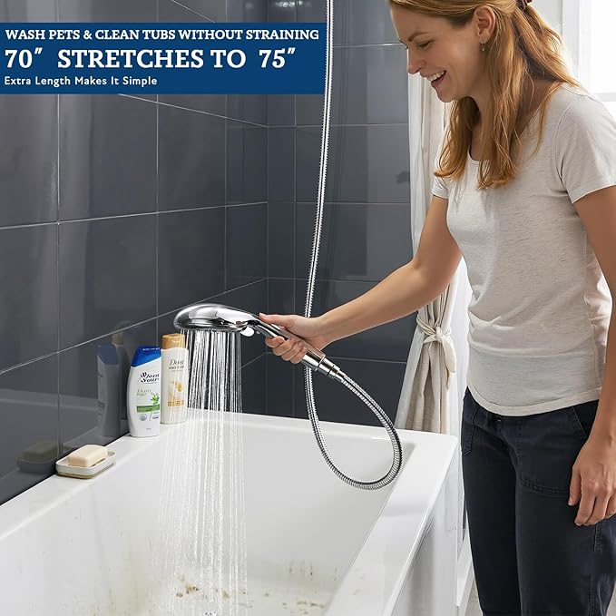 G-Promise Handheld Shower Head High Pressure 6 Spray Settings, Detachable Hand Held Showerhead 4.9 Inch Face with Extra Long Flexible Hose and Angled Bracket for Caddy & Shelf Installation