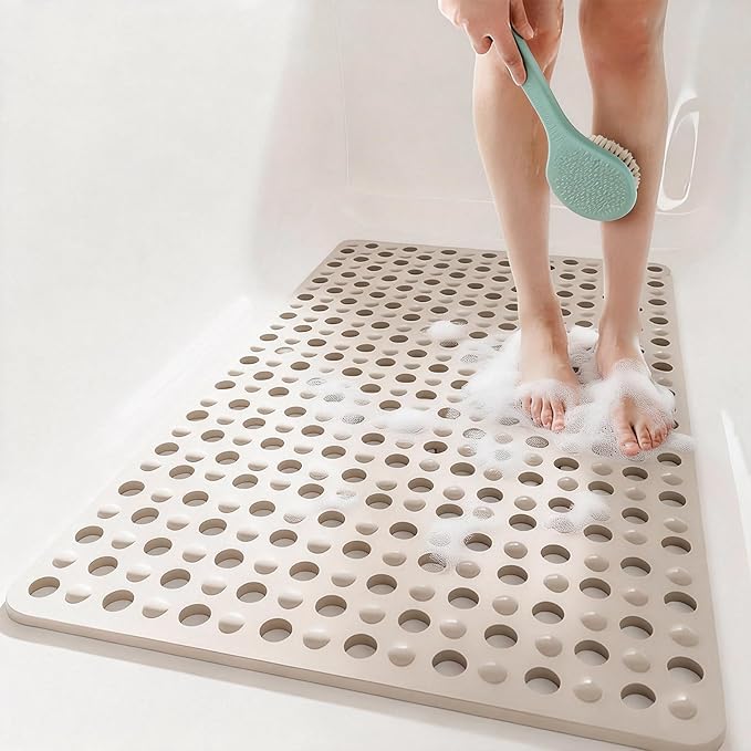 Tiamo Non Slip Large Shower Mats for Inside Shower 20.87" x 33.86",TPE Bath Mat for Outside Shower,Extra Large Bathtub Mat with Suction Cups and Big Drain Holes,Apricot