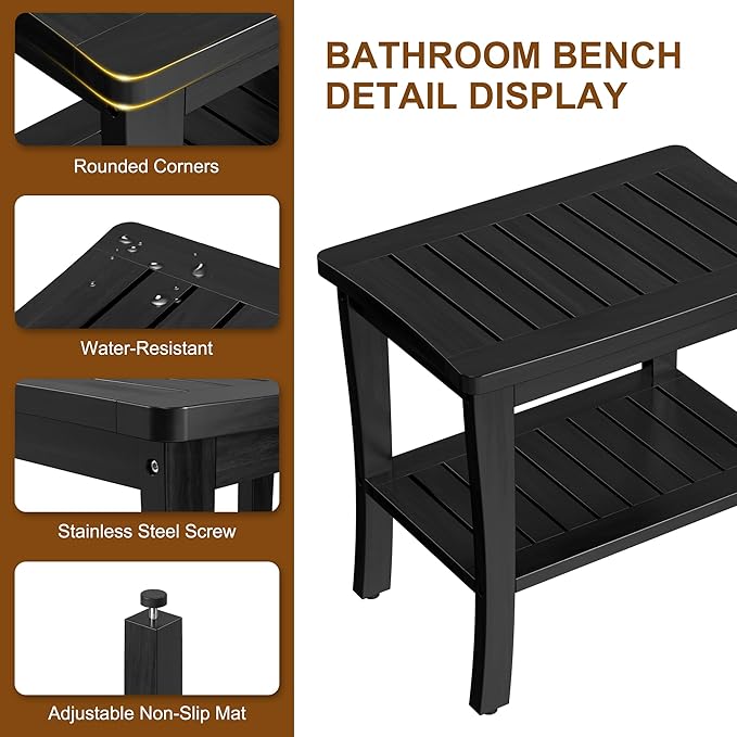 Extra Bamboo Black Shower Bench Stool Waterproof Shower Chair Spa Bath Seat Extra Big Best Hardwood Bathroom Gadgets Seat Father Day Dad Parents Stepdad Christmas Xmas Happy Birthday Gifts Ideal