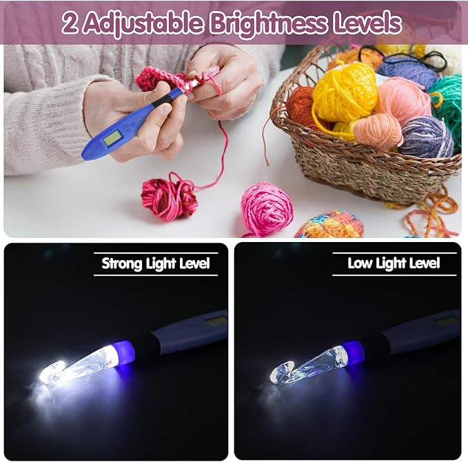 Light up Crochet Hook Set with Stitch Counter Crochet Kit with 22 Different Size Interchangeable Crochet Needle,Ergonomic with 2 Levels Led and Digital Stitch Counter for Crocheting and Knitting