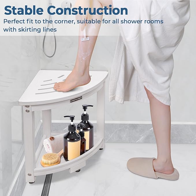 KingPavonini Waterproof Corner Shower Stool for Inside Shower, Anti-Fading Shower Bench for Shaving Legs, HDPS Anti-Fracture Shower Seat with Storage Shelf, Rapid Assembly, Load 400 Pounds