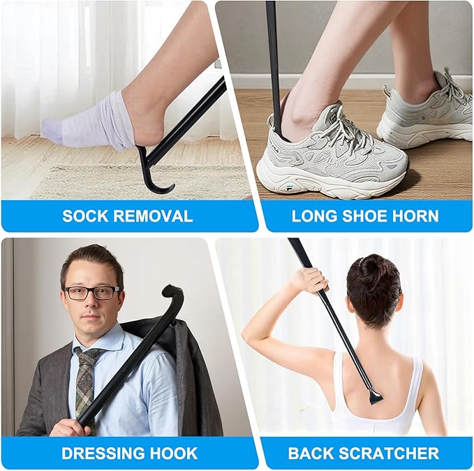 Sock Aids for Putting On Socks - Sock Aid Device Shoe Horn Kit for Seniors, Sock Helper Assistant Device Easy On and Off No Bending, Adjustable 3 in 1 Shoe Horn+Button Hook and Zipper Pull Helper