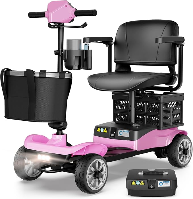 Mobility Scooter for Adults & Seniors with Removable Spare Battery - 24.8 Miles Total Range, Cruise & Airport Approved, Foldable Motorized Scooters with Dual Basket, Phone & Cup Holder, Pink