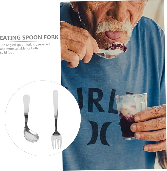 1set Adaptive Angled Spoon and Fork for Seniors Ergonomic Utensils for Easy Self-Feeding for Elderly and Disabled Individuals Grip Challenges