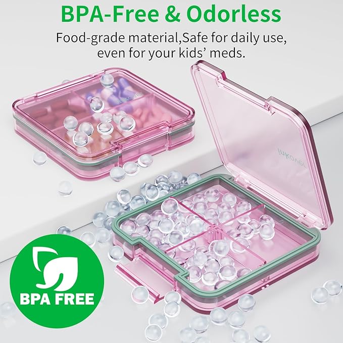 Small Pill Box, Travel Pill Organizer, Small Pill Case, Pill Container for Purse 4 Compartments, Daily Compact Travel Medicine Holder for Vitamins Medication (Pink)