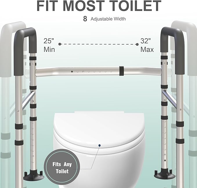 Adjustable Toilet Safety Frame with Handles - Foldable Bathroom Grab Bar for Elderly & Disabled, 350 lbs Capacity, Fits Any Toilet (Includes Tissue Holder & Storage Bag)