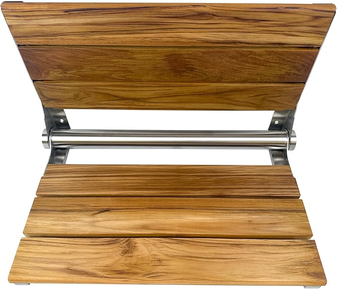 Teak Shower Seat Bench with Back - Wall Mounted Fold Up Shower Seat, Waterproof Folding Teak Bath Chair for Seniors, 304 Stainless Steel, with 300 lbs Capacity - 24" Length, Brushed Stainless Finish
