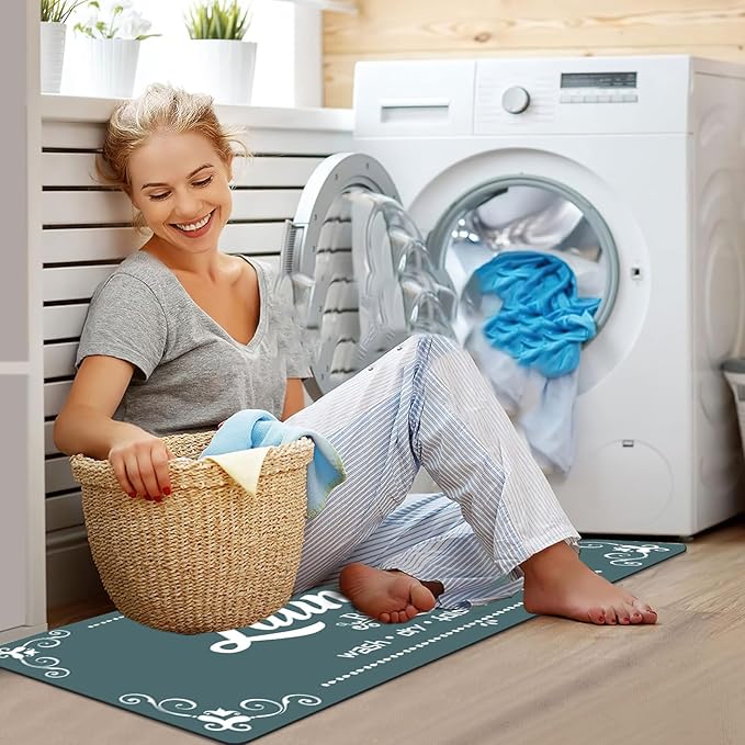 XLHOMO Non Slip Laundry Mats, 17.7"x45" Teal Laundry Rug Runner, Farmhouse Washable Laundry Room Floor Mat for Laundry Room, Mudroom, Kitchen, Washroom, Bathroom, Hallway Entryway Carpet Decor
