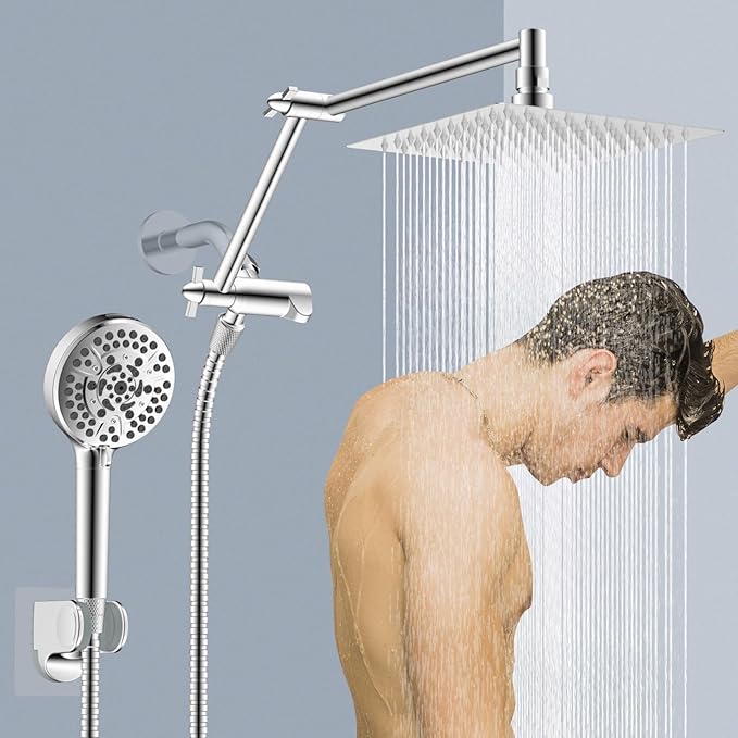 All Metal Rain Shower Head, 8” High Pressure Rainfall Shower Head with Handheld Showerhead, 5" Large Panel Handheld Spray Powerful Clean 10 Modes, 16" Stainless Steel Adjustable Extension Arm, Chrome