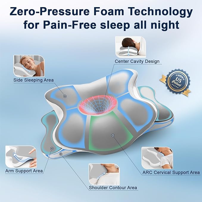 Sleep Apnea Pillow with Neck Pain & Snoring Relief -Orthopedic Cervical Pillow, Ergonomic Contour Memory Foam for Side, Back,Stomach Sleepers, Medium Firm (GreyWhite, Queen Size)