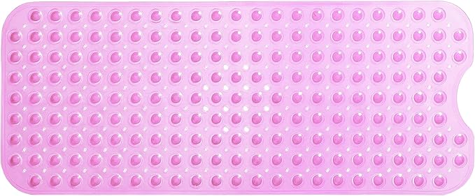 Extra-Long Non-Slip Bathtub & Shower Mat 39”x16” (Smooth/Non-Textured Tubs Only) Safe, Clean, Machine-Washable, Superior Grip&Drainage, Vinyl, Transparent Pink