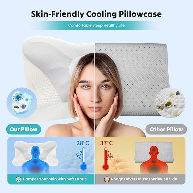 DUMOS Cervical Neck Pillow, Cooling Ergonomic Memory Foam Pillows for Neck Pain Relief with Breathable Pillowcase, Dual Height Orthopedic Support Contour Pillow for Side, Back, Stomach Sleepers, Grey