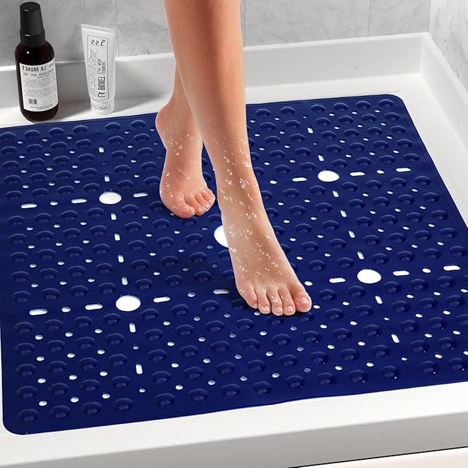 Large Square Shower Mat 27 x 27 Inch Navy Blue, Non Slip Shower Bathtub Mats for Inside Shower with Big Suction Cups Drain Holes, Anti Slip Bathroom Floor Stall Mats, Easy Clean, BPA-Free