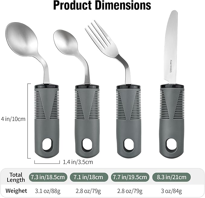 Adaptive Utensils Set, 4-Piece Weighted Utensils with 2 Elastic Strap for Parkinson’s, Arthritis and Hand Tremors, Non-Slip Handles for Easy Grip & Independence, Right Handed