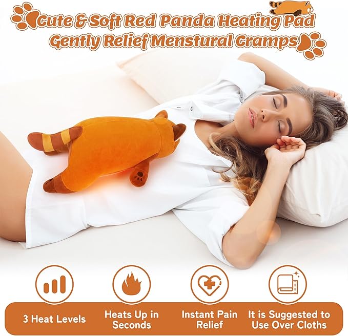 Electric Heating Pad for Period Cramps, Cuddly Cute 14'' Red Panda Plush with a Hot Soft Belly USB Powered, Menstrual Heating Pad Neck Shoulder Pain Relief, Gift for Daughter Wife Period Heating Pad