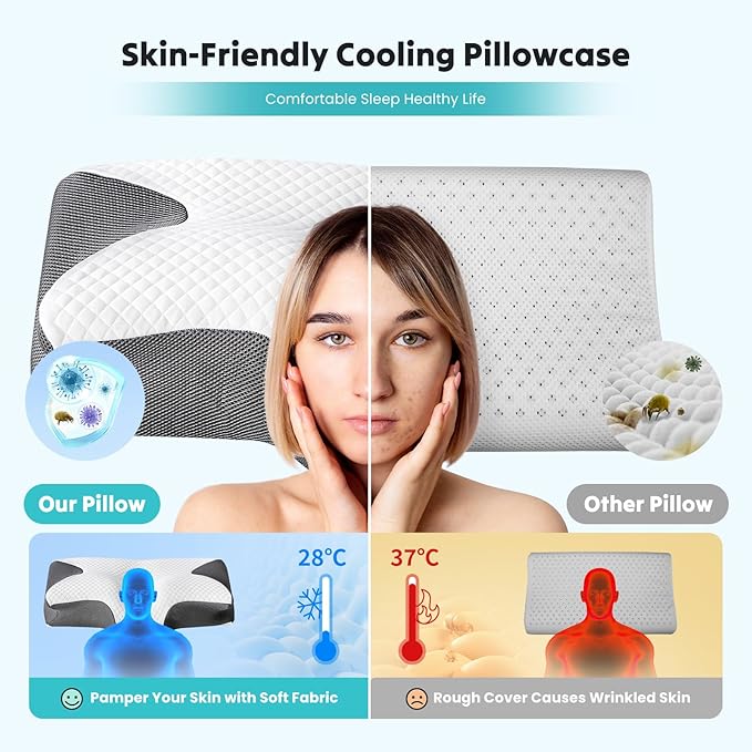 DUMOS Cervical Neck Pillow for Sleeping, Cooling Ergonomic Memory Foam Pillow with Arm Rest Slot and Ice Silk Pillowcase, Dual Height Orthopedic Support Contour for Side, Back, Stomach Sleepers