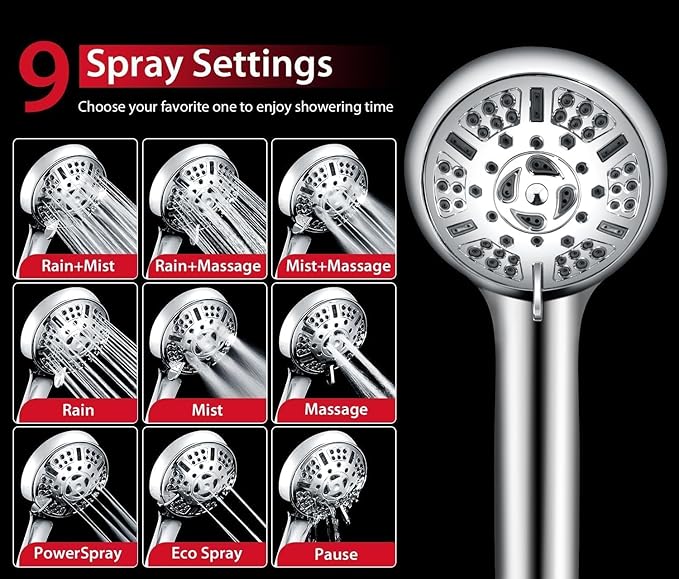 GRICH 2.5GPM Shower Head with Handheld Spray Combo: 2 in 1 Rainfall Shower Heads high pressure & Handheld Shower Head, 9 Spray Modes/Settings Detachable Shower Head with 60 Inch Hose, Chrome Filtered