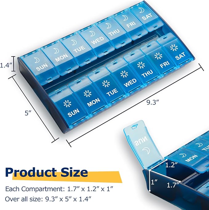 XL Large Weekly Pill Organizer 2 Times A Day, Hinged Lids Daily Vitamin Pill Box Holder Am Pm, Big Pill Container 7 Day, Medication Organizer Twice a Day, Medicine Organizer for Supplement