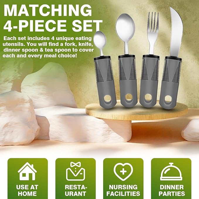 4-Piece Set Adaptive Utensils for Hand Tremors, Parkinson's, Arthritis - Weighted, Easy Grip, Extra Wide Handles - Knife, Fork, Spoon, Teaspoon - Grey