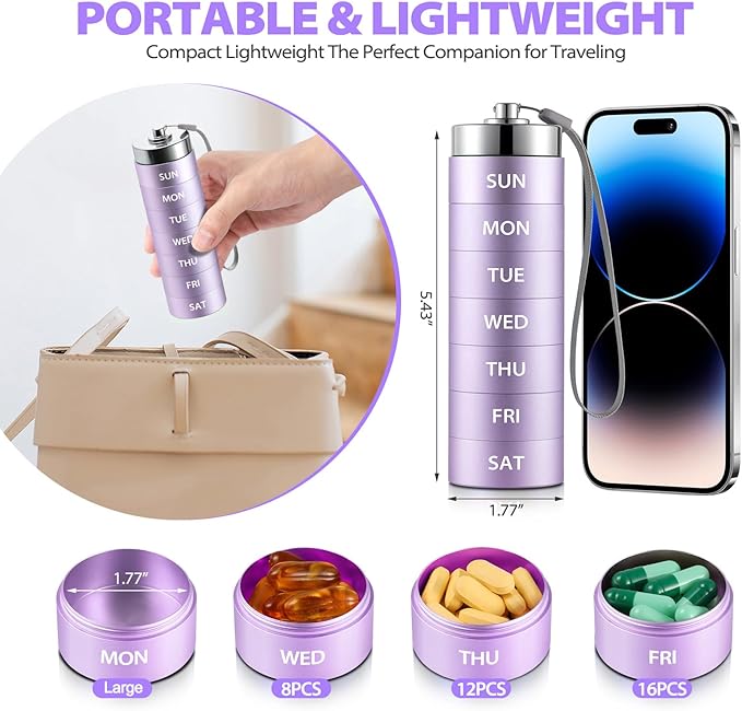 Large Weekly Pill Organizer, Metal Travel Pill Box, Portable Aluminum Alloy Waterproof Container, 7 Day Daily Medicine Organizer Holder for Vitamin, Fish Oil, Supplement, Purple