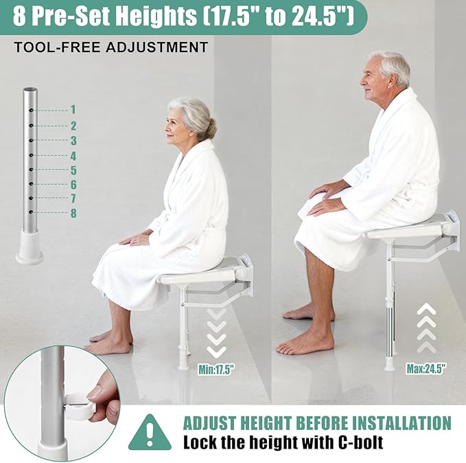 Wall Mounted Shower Seat with Arms, 2mm Thick Aluminum Frame Supports 550lbs, Folding Shower Chair with Memory Foam Cushion, 8 Adjustable Heights, Fold Down Bathroom Bench for Seniors & Disabled