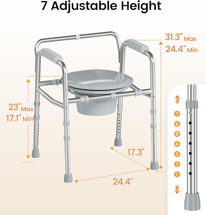 SOUNDFUSE 3 in 1 Bedside Commode Chair, Sturdy Dual-Crossbar Support, 350 Lbs Weight Capacity, Bedside Commode for Seniors with 7.5Qt Bucket, Portable Potty Chair for Adults, Silver
