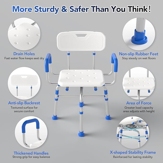 Swivel Shower Chair with Arms and Back, 500 lbs Heavy Duty Adjustable Shower Seat for Inside Shower & Bathtub, 360° Rotating Bath Chair for Elderly, Disabled, Handicap, Bariatric, Pregnant