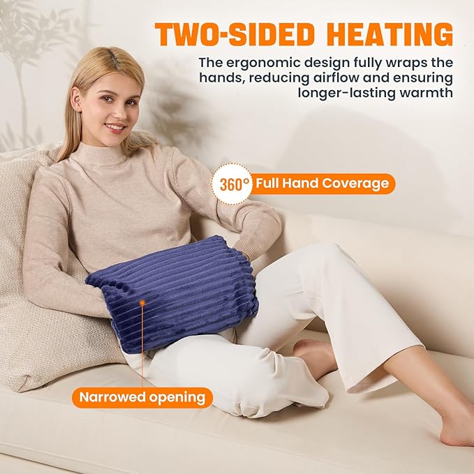 Electric Hand Warmer, Soft Flannel Heated Gloves, Hand Warmer Pouch, Double-Sided Heating Pad for Hands Pain Relief Fingers Arthritis for Women Men Elder, Auto Off & 3 Heat Levels, Blue