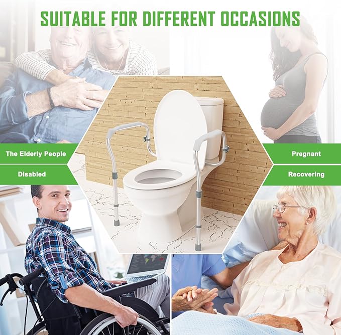 Toilet Safety Rail for Seniors with 2 Reinforced Nuts, Height & Width Adjustable Toilet Safety Frame for Elderly, Handicap & Disabled Bathroom Assist Rail with Armrests 250 LB (Grey)